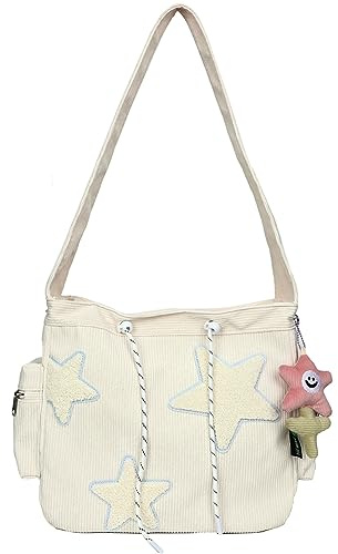 DKIIL NOIYB Umhängetasche Damen Y2k Tasche Messenger Bag Cord Tasche Süße Stern Crossbody Bag Groß Vintage Handtasche für Studenten Große Damen Einkaufstasche mit Anhänger