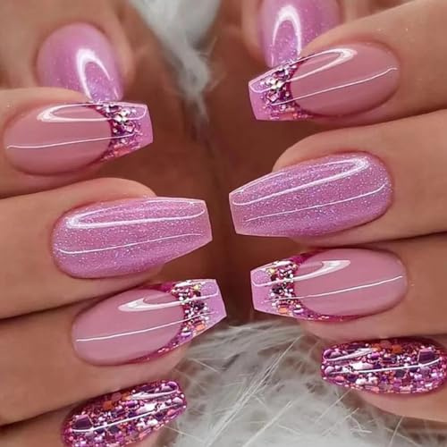 Ceboic 24 Stück Sarg Nägel Zum Aufkleben Mittellang French Rosa Lila Glitzer Kunstnägel Press on Nails Acryl Künstliche Nägel mit Nagelkleber Aufkleber Square Fingernägel Fake Nails für Frauen