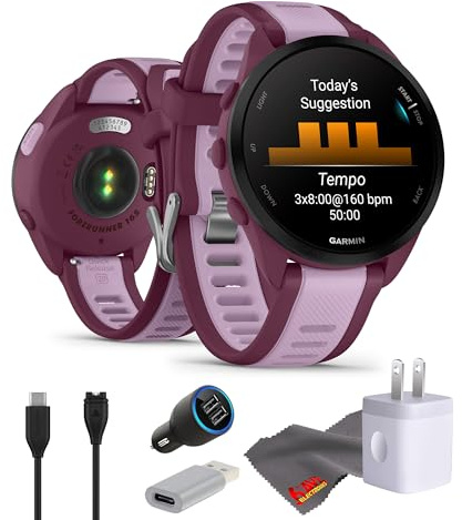 Garmin Forerunner 165 Music GPS Running Smartwatch, Fitness Tracker Smart Watch for Men and Women Bundle with Accessories - Berry/Lilac