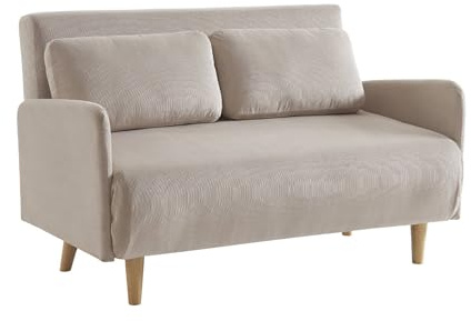 sweeek - Canapé Convertible 2 Places scandinave Velours côtelé Beige - Panam - Pieds Bois. Banquette. Dossier inclinable
