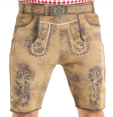 SYMPHONIE WESTERWALD Bayerische Herren Trachten Lederhose mit Trachtengürtel + Hosenträger, speckig, antik Look, Antikbraungrau, Gr. 60