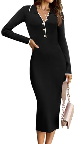 HAEOF Abito da donna 2024 con scollo a V aderente autunno inverno manica lunga bottoni alla moda eleganti abiti midi da festa formale, Nero classico, M