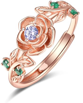 June Birthstone Jewellery Alexandrite Ring Sterling Silver Rose Rings for Women Rose Gold Flower Rings Adjustable Ring Jewellery Gifts for Women