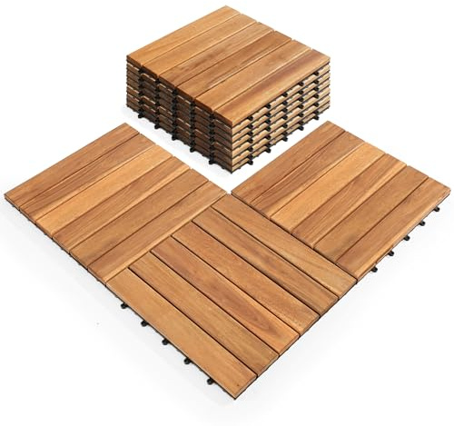 AN68 - Lot de 10 dalles de terrasse emboîtables à 6 lattes de 30,5 x 30,5 cm - Carreaux en bois d'acacia naturel - Imperméables - Pour extérieur et intérieur, patio, jardin, balcon, bord de piscine -