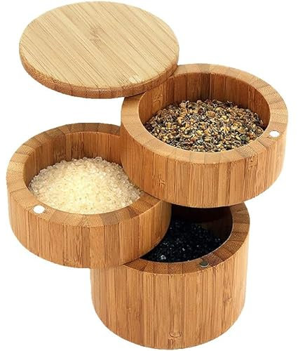 Salero de bambú de 3 niveles con tapa magnética, caja de sal de cocina con tapa giratoria de cierre magnético, ideal para sal del mar celta, sal real Redmond y cuencos de sal y pimienta