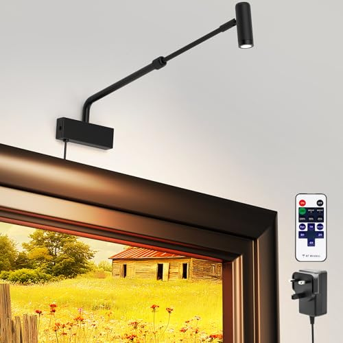 HURYEE Retractable Picture Light for Wall, Rotatable LED Painting Lights Over Picture Frame, Plug in Dart Lamp 2700K with Remote Control, Dimmable Display Light Indoor for Art Gallery, Black