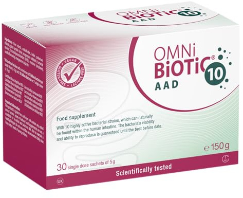 OMNi BiOTiC 10 AAD | Probiotic for Antibiotics | Use During and After Any Course of Antibiotics | 30 Sachets (150 g) | Powder | with Inulin | Vegan | Gluten-Free | Lactose-Free