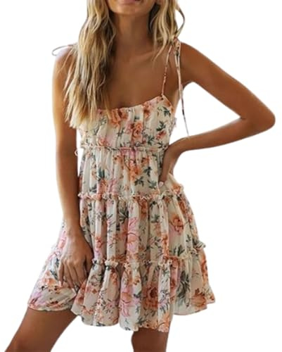 Vestido Corto de Verano con Tirantes Finos y Estampado Floral para Mujer, Estilo Bohemio, Fluido, con Capas y Volantes. (Orange Green,XL)