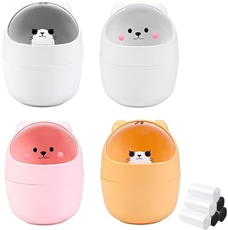 STNRST-IN 4 Stück Cartoon Klein Papierkorb mit 6 Rollen Müllsäcke, Portable Mini Tischmülleimer mit Deckel, Kawaii Mülleimer mit Schütteldeckel für Büro Wohnzimmer Küche Schlafzimmer