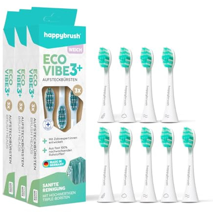 happybrush® Nachhaltige Aufsteckbürsten für elektrische Schall-Zahnbürste Eco VIBE 3 - Weiß/Mint - weich - 3x3 Stück