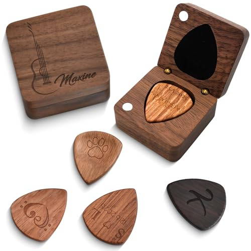 Personalisierte Gitarrenplektren aus Holz mit Etui Musiker-Plektrum-Box | Individueller Gitarrenplektrumhalter, Vatertags-/Weihnachts-/Geburtstagsgeschenk für Gitarrenspieler