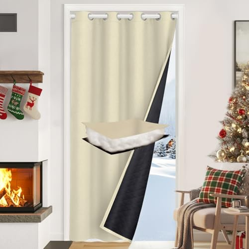 PLODAXE Thermovorhang Kälteschutz Türvorhang Wasserdicht, 1 Stück Mehrlagig Dicker Wärmeschutzvorhang Tür mit Ösen, Verdunklung Gegen Kälte und Hitzen für Haustür, Schlafzimmer(Beige, B110xH203cm)