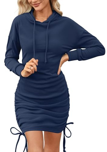 Aottori Women Navy Hoodies Dress Ladies Pullover Long Sleeve Sweatshirt Dresses Casual Solid Ruched Thermal Fleece Hooded Tops Navy M