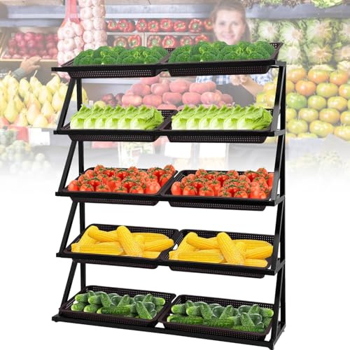 Estante De Cesta Para Frutas Y Verduras De 4 O 5 Niveles, Estante De Almacenamiento Para Cestas De Tiendas Minoristas, Estante De Frutas Para Supermercados Comerciales,Brown-5Tier