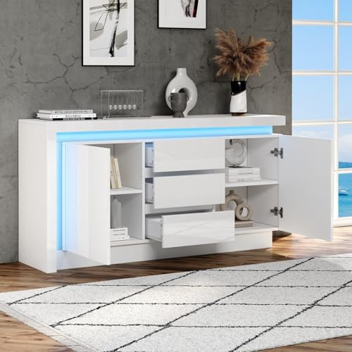 EURHCIO Buffet Cuisine Brillants 140x35x72,Commode Chambre,Buffet Salle a Manger avec Éclairage LED Réglable,3 Tiroirs,Étagères Réglable,2 Armoires,pour Salon(K-Blanc)