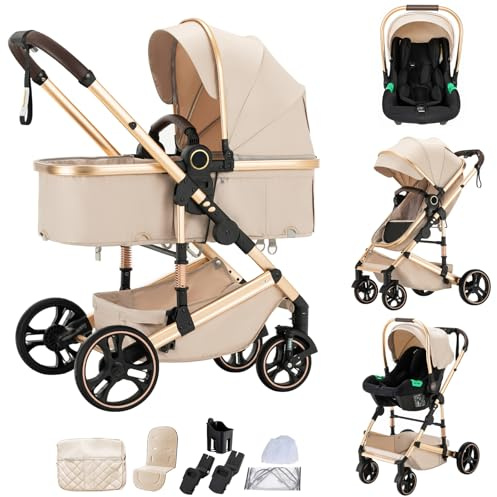 Mobayta kinderwagen 3 in 1 Kombikinderwagen für Neugeborene robustes leichtes Aluminiumgestell geeignet bis 22KG hochgestellter Kinderwagen vielseitig und praktisch Buggys (H9-Beige, H9)