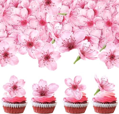 SYKYCTCY 40 Pack Edible Flowers Cake Decorations Pink Edible Cherry Blossoms Flowers Cupcake Toppers Wafer Paper Flowers Cupcake Picks for Baby Shower Kids Birthday Party Food Decorations Supplies
