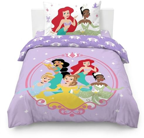 Jay Franco Children's Disney Princess Single Duvet Cover Set – 100% Cotton Super Soft Bedding with Pillowcase, Official Licensed Product, Purple, 2 Piece Set