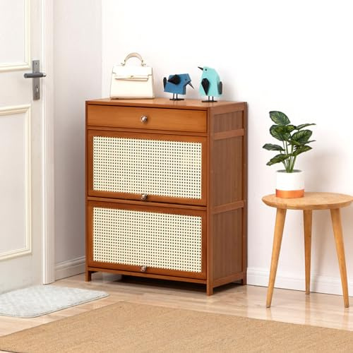 Zapatero transpirable con puerta plegable, gran capacidad, zapatero que ahorra espacio, para dormitorios, 70 x 32 x 85 cm, elegante baúl de almacenamiento de zapatos marrón