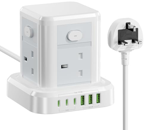 Cube Extension Lead with USB Slots, 4 Way Multi Plug Extension Socket with 3 USB C 3 USB A(13A/3250W) Tower Power Strip with 4 Independent Switches 1.5M Extension Cords for Desk Home Office Travel