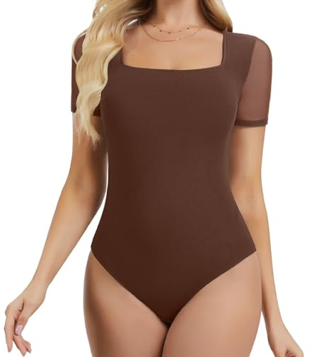 Joyshaper Women Bodysuit Short Sleeve Ladies T-shirts Body Suits Leotard | Square Neck Mesh Casual Tops Elegant Summer