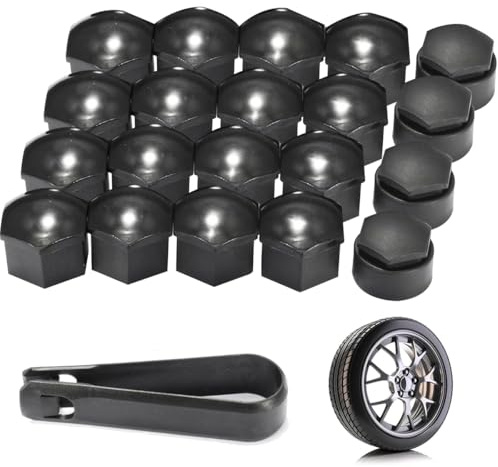 Garegce 17mm Wheel Nut Covers, 20 Pcs Car Wheel Nut Caps with Removal Tool, 16 Standard Ones and 4 Locking Ones, Bolt Caps Hub Screw Covers, Universal Fit for Most Car Models – Black