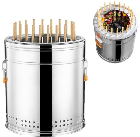 Parrilla de carbón vertical portátil de acero inoxidable con pinchos de acero con mango de madera 30, barbacoa de carbón sin humo for acampar en interiores y exteriores(Single,M)