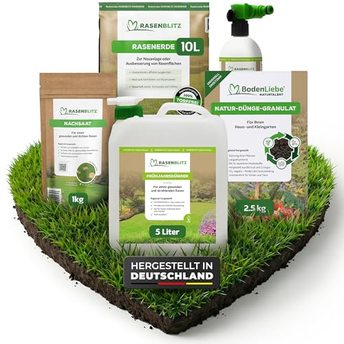 RASENBLITZ Frühjahrsdünger flüssig Set 5 L Rasendünger | flüssig, inkl. NATURTALENT, NACHSAAT und RASENERDE, die ideale Hilfe für deinen Garten im Frühjahr