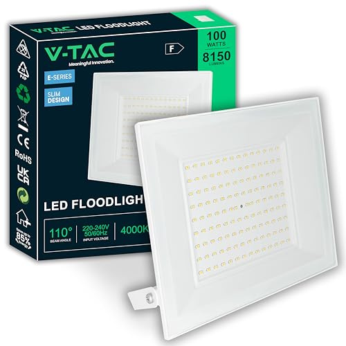 V-TAC Utomhus LED-strålkastare 100 W vit - [E-serien - hög prestanda] - IP65-8150 lumen - vattentät lampa för hem, trädgård, garage, lager - neutralt vitt ljus 4 000K
