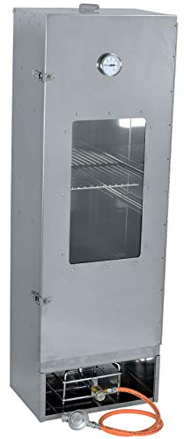 Massiver, genieteter 1,2 m hoher Premium Räucherofen in Edelstahl mit Sichtscheibe, Fertigung in Deutschland | mit viel Zubehör (mit Gasbrenner 2,5 kw)