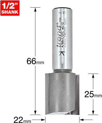 Trend Professional Two Flute Router Cutter, 22mm x 25mm, 1/2 Inch Shank | Ideal For Clean Straight Grooving And Plunge Routing, Tungsten Carbide Tipped, 22mm Cut Diameter, 4/66X1/2TC