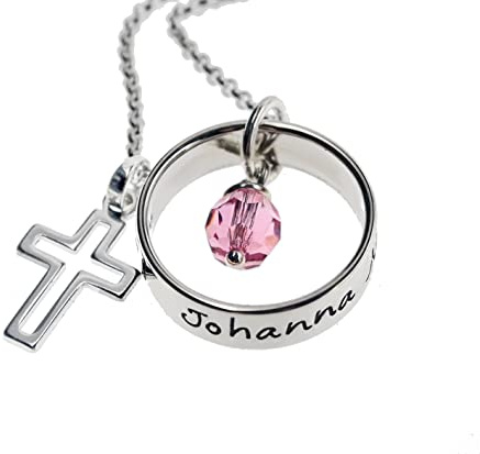 Timbalino Handgefertigte Namenskette aus 925 Sterling Silber – Personalisierter Geburtsring mit Wunschgravur, Kreuz & Kristall-Monatsstein – Edler Taufschmuck inkl. Ankerkette