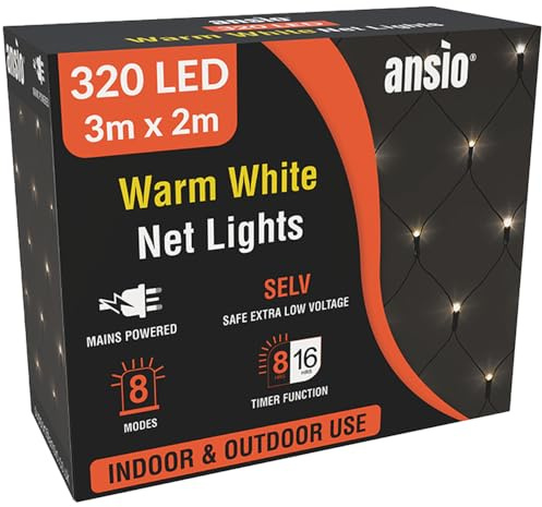 ANSIO® Christmas Net Lights Outdoor, 320 LED 3 x 2m Warm White Fairy Lights with Timer, Mains Powered Mesh Lights for Indoor Outdoor Xmas Trees, Windows, Garden Party Decorations [Energy Class G]