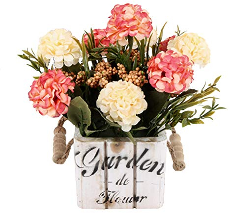 Flikool Hortensie Künstliche Blumen mit Holztopf Gefälschte Künstliche Pflanzen mit Topf Topfpflanzen Bonsai Hydrangea Kunstblumen Kunstpflanzen - Pink Blumen mit Square Weiß Pot