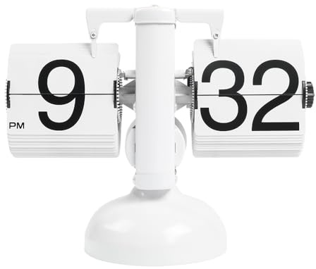 mooas Klapp-Schreibtischuhr (Weiß), Retro-Vintage-Design, automatische Flip-Uhr, Tischuhr, große Zahlen, batteriebetrieben, Inneneinrichtung, ideal für Zuhause, Büro, Schule, Hotel, Café