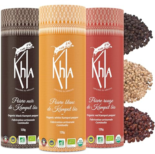 Khla - 3 Kampot Peppers Gift Set - Black, White & Red Kampot Peppercorns - 3 x 120g - Rare Premium Peppers - For Grinder Refill - Cooking Food Spices Gifts - Xmas Birthday Gift Idea - Origin Cambodia