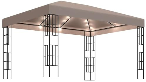 vidaXL Carpa Cenador de Jardín con Tira de Luces Lateral Pérgola Patio Toldo Sombrilla Parasol Tienda Marquesina Desmontable 4x3 m Taupé