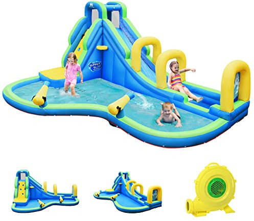 GOPLUS Château Gonflable en Tissu d’Oxford avec Toboggan et Pistolet à Eau,Aire de Jeux Aquatique avec Divertissements Multiples, Idéal pour Enfants 3-10Ans (avec Souffleur 680W)
