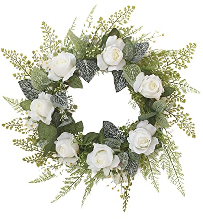 BELUAPI Künstlicher weißer Rosen-Kranz, 50 cm, Frühlingsblumenkranz, grüne Eukalyptusblätter, Blumengirlande, Haustür Dekoration, Kranz für Zuhause, Innen- und Außenbereich, Fenster, Wand, Hochzeit,