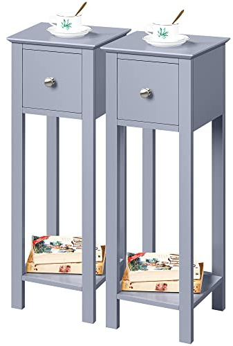 Yaheetech 2 STK. Telefontisch Grau HBT: ca. 70 x 25 x 25 cm Beistelltisch mit Schublade Konsolentisch aus Holz Pflanzentisch 70 cm hoch Blumentisch