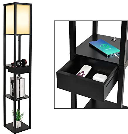 PULUOMIS Floor Lamp with Shelves, 3 Tier Storage Standing Lamp with LED Bulb, 2 USB Charging Ports and 1 Drawer, Modern Reading Lamp for Living Room, Bedroom, Office, Home Decoration, Black