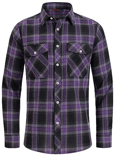 J.VER Kariertes Hemd Flanellhemd Herren Langarmhemd Normal Passform Arbeitshemden Motorrad Biker Outdoor Modern Shirt mit Taschen,Lila Grau Schwarz,4XL