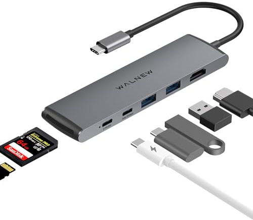 WALNEW Hub USB-C 7 en 1 avec HDMI 4K, PD 100 W, Port de données 5 Gbit/s (1 USB C et 2 USB 3.0), Lecteur SD/TF, Adaptateur multiport Thunderbolt 4 Dock pour Mac, MacBook Pro Air, Thinkpad, Chromebook