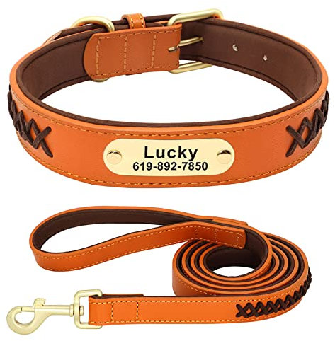 SARUEL Personalisiertes Hundehalsband-Leine-Set,Geflochten,Echtes Leder,Haustierhalsbänder,Gehendes Führstrick,Weich,Verstellbar Für Kleine Große Hunde,Kaffeeset,M