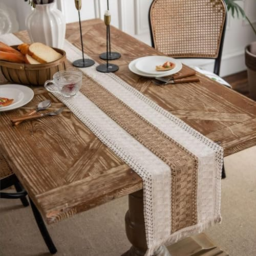 Camino de Mesa de Macramé Boho Con Borlas y Flecos - 30 x 120 cm - Decorativo para Boda y Mesa de Comedor