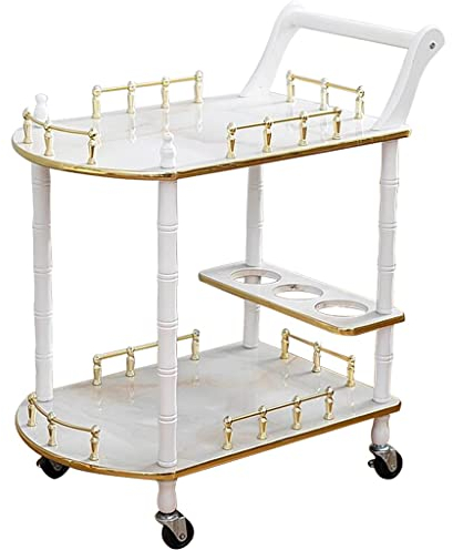 Barwagen mit Rädern, Getränkewagen im europäischen Gerichtsstil, doppellagiger Servierwagen mit großer Kapazität und Flaschenhalter, mobiler Hotelwagen (Weiß + Gold 78 x 60 x 40 cm)