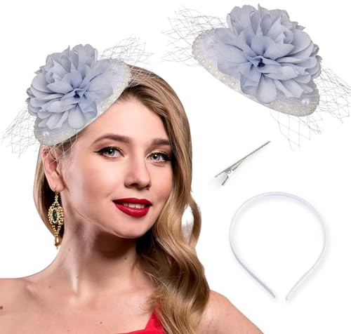 Bohend Fascinator Hut Blume Schleier Vintage Derby Hüte Tea Party Hochzeit Haarschmuck mit Perle für Frauen und Mädchen(Purple)