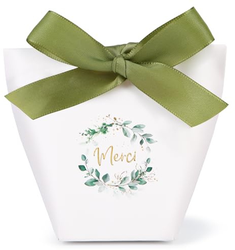 Französisch 24 Stück Merci Geschenkboxen mit Kranz Hochzeit Geburtstag Geschenkschachtel mit Bändern Geschenkkartons für Kommunion Gastgeschenkbox Konfirmation Taufe (Grün)
