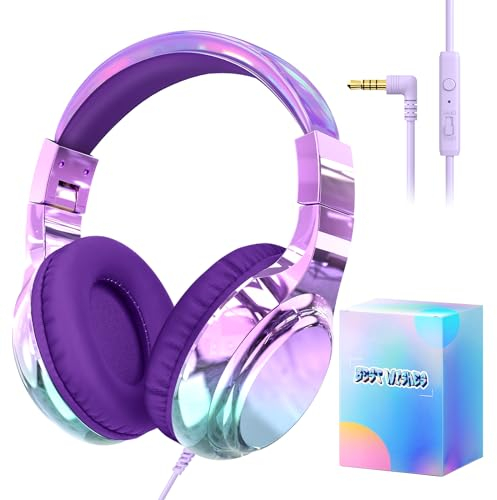 JYPS Casque Audio Enfant, Filaire Réglable/Pliable, Ecouteurs Enfant Audio avec Micro, 3.5mm Jack, 85/94dB Volume Limité, Headphones Musique pour Fille 2 Ans/iPad/Tablet/PC