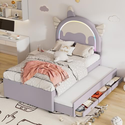 KUAKE Kinderbett 90x200 Polsterbett mit LED, Einzelbett mit Ausziehbarem Bett, Schlafsofa mit Lattenrost, Cartoon Kopfteil, Bett für Jungen und Mädchen, Ohne Matratze (Violett, 90x200cm)